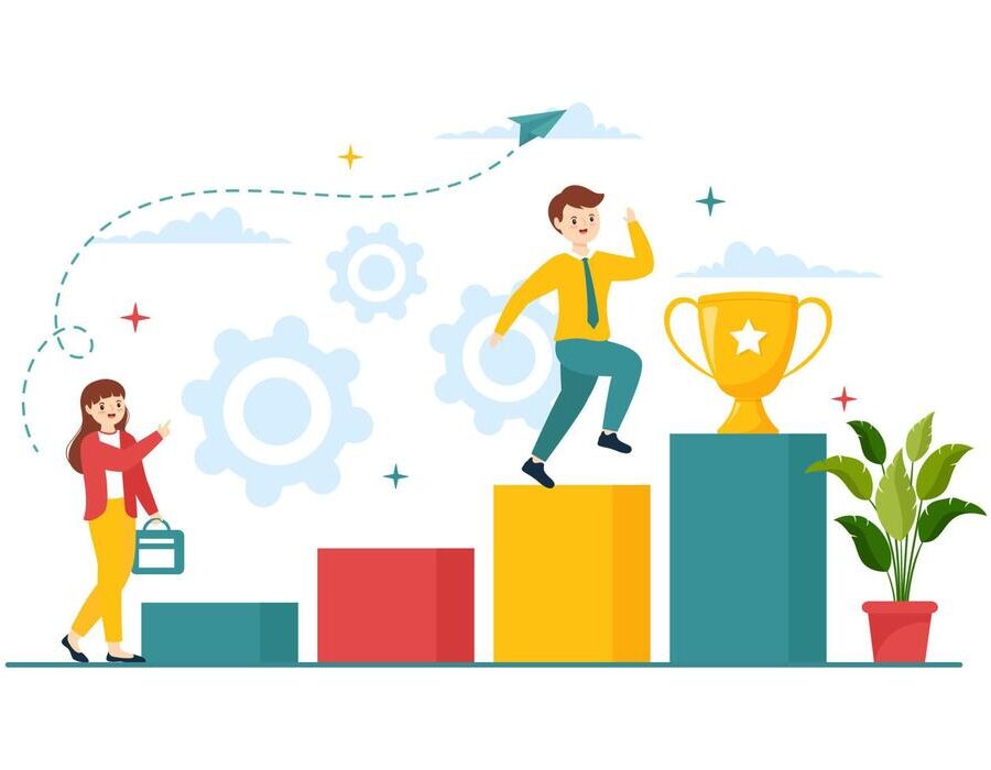 ambition-illustration-with-entrepreneur-climbing-the-ladder-to-success-and-career-development-in-flat-cartoon-business-plan-hand-drawing-template-vector